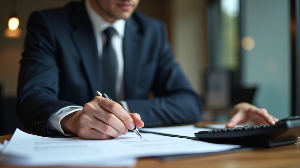 Professional reviewing payroll documents at desk with calculator and payment schedule visible