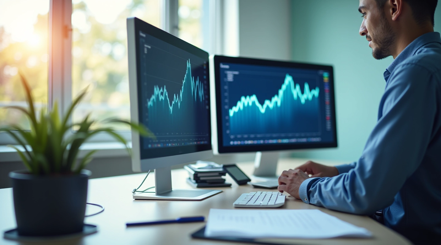 Modern office desk setup with dual monitors and payroll software interface